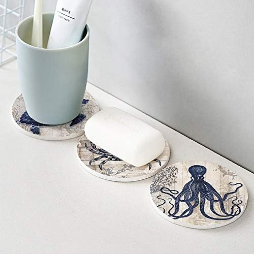 Absorbent Coasters Natural Ceramic Thirsty Stone Navy Blue Octopus Seahorse Crab Turtle Ocean Theme Coaster Set for Drinks Cork Backing (sea Animals)…