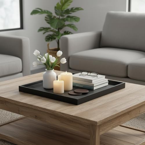 20x20 Inch Square Ottoman Tray - Faux Leather Large Serving Tray for Couch/Coffee Table, Family Dinner, Picnic, Party Decor (Black)