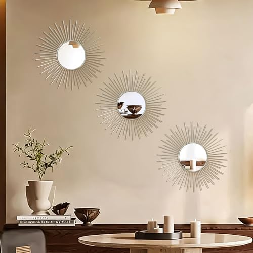 3 Pack Metal Mirrors for Wall Sunburst Wall Mirrors Home Décor Decorative Hanging Wall Art for Living Room Bedroom Entryway (Silver2, Sunburst)