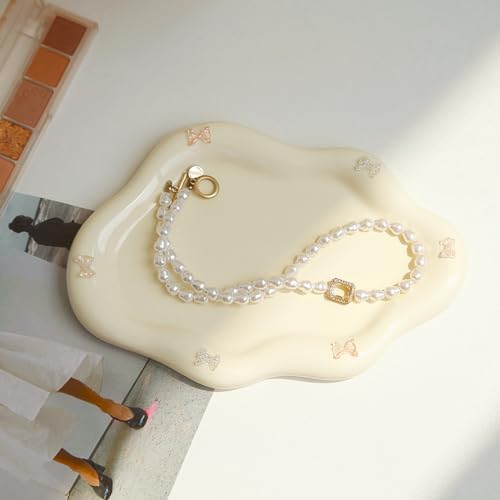 Jewelry Dish Trinket Tray for Women, Ring Dish Holder, Unique Cloud Shape Ceramic Plate Cute Things Vanity Aesthetic Room Decor Mother's Day Birthday (Bow Cream)