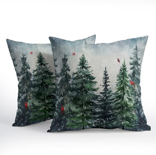 Green Tree Throw Pillow Covers Winter Snowy Forest Pillowcase 22x22 inch 2 PCS Nature Landscape Red Bird Decorative Cushion Cover for Home Patio Sofa Bedroom