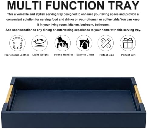 Navy Blue Faux Leather Serving Coffee Tray with Gold Handles,Rectangle Decorative Trays for Home Decor Large Ottoman Tray for Living Room