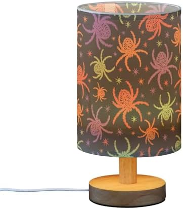 Table Lamp Colorful Spooky Spider Halloween Creepy Pattern Nightstand Lamp with Wood Base Fabric Lamp Shade Bedside Desk Lamp for Living Room Bedroom Kids Room Office