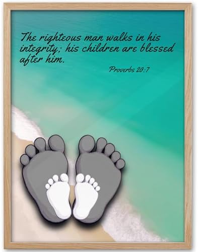 KensTro 12x16 Oak Framed Proverbs 20:7 Footprints Christian Wall Art | Natural Oak Wood Frame with Coastal Footprints and Proverbs 20:7 Scripture for Bedroom, Office, Hallway or Prayer Space