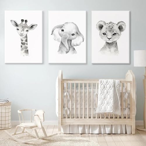 Safari Nursery Wall Art Decor Baby Animal Canvas Wall Art Baby Room Nursery Pictures Kids Artwork Safari Jungle Animal Prints Giraffe Elephant Tiger Painting for Bedroom 12x16x3 Inch Wrapped Canvas