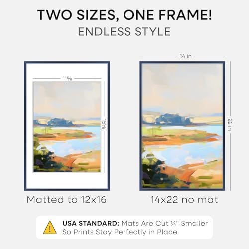 Homeforia 14x22 Blue Picture Frame, High-End Metal, 12x16 Mat, Glass
