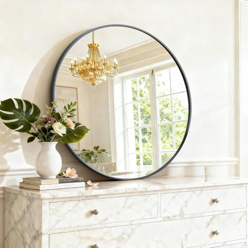 Round Wall Mirror 24 Inch Black Vanity Mirror with Metal Frame | Modern Circle Wall Mounted Decorative Mirrors for Bathroom, Entryway, Bedroom, Living Room