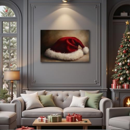 Red Christmas Wall Art - Santa hat Christmas Pictures Wall Decor For Bedroom 24x36inch, Vintage Winter Prints Holiday Poster, Framed Artwork Merry And Bright Home Decorations Indoor