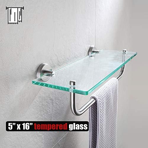 JQK Bathroom Glass Shelf, Shelf with 15 Inch Towel Bar Tempered Glass Shower Storage 16 by 5 inches, 304 Stainless Steel Brushed Finish Wall Mount, TGS100-BN