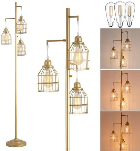 9MMML Golden Dimmable Floor Lamp,Industrial Gold Farmhouse Tall Standing Lamp for Living Room, Bedroom Office,3 Teardrop Cage Lampshade,3 LED Bulbs Inculded, 68'' Tall