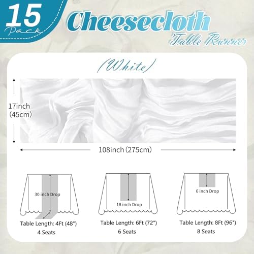 15 Pack White Cheesecloth Table Runner 17 x 108 inch Cheese Cloth Table Runners 9ft White Table Runner Rustic Romantic Sheer Gauze Runner for Wedding Party Baby Shower Table Decoration