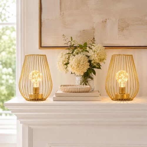 TRIROCKS Metal Cordless Table Lamp - 8'' Tall Set of 2 Cage Shape Battery Operated Lamp with Fairy Lights Bulb for Indoor/Outdoor Use Perfect for Christmas Garden and Weddings (Gold,Set of 2)