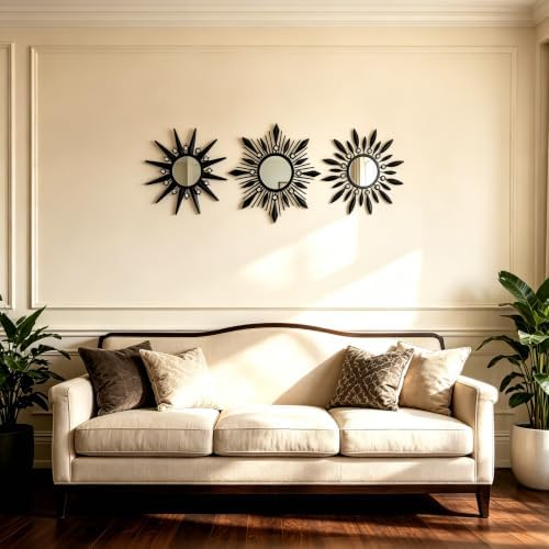 Starburst Wall Decor Mirrors As Room Accents Decorative Hanging Mirror | Wall Mirror For Great Indoor Housewarming Gift Ideas Option, Metal Black Sunburst Circle Mirrors 3 pieces