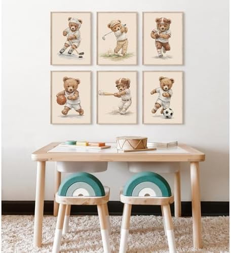 Joocrise Nursery Teddy Bear Wall Decor Boy Room Wall Art Baby Canvas Prints Vintage Sports Decor Pictures Teddy Bear Poster Nursery Painting for Playroom Bedroom 12x16 Inch Unframed Set of 6