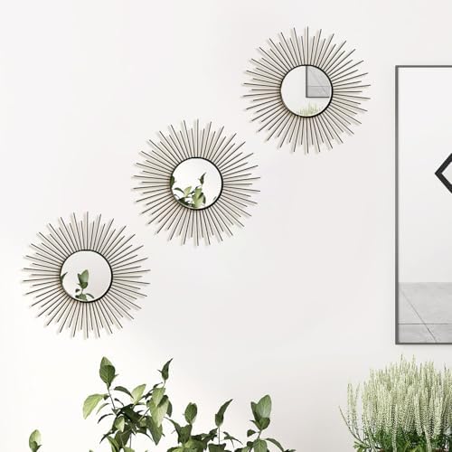 3 Pack Metal Mirrors for Wall Sunburst Wall Mirrors Home Décor Decorative Hanging Wall Art for Living Room Bedroom Entryway (Black2, Sunburst)