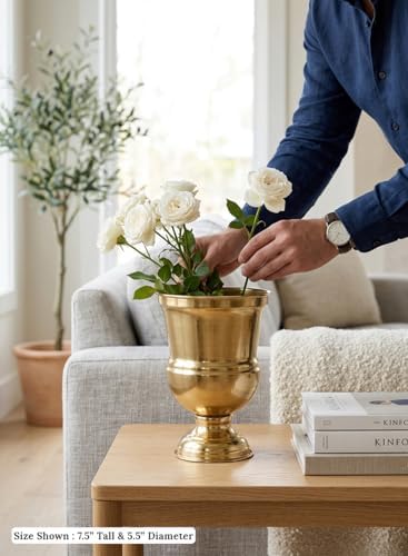 Serene Spaces Living Decorative Gold Vase Urn, Gold Vases for Centerpieces, Metal Vase Use for Home Decor, Wedding, Parties, Floral Arrangements, Measures 5.5" Diameter & 7.5" Tall