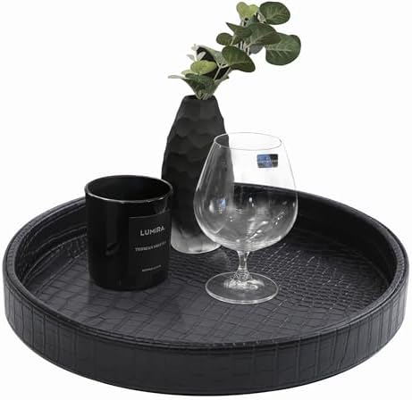 HofferRuffer Faux Leather Round Serving Tray, Vegan Croco Leather Decorative Tray, Food Tray for Storage Drinks, Snack & Cosmetics, Dia.12'' x 1.6'' (Black)