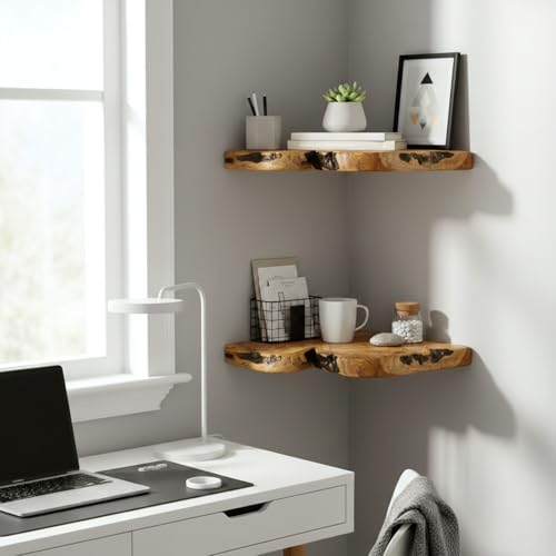 WELLAND Live Edge Cedar Corner Shelf Set of 2, Floating Wall Shelves