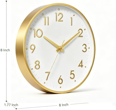Mosewa Small 8 Inch Wall Clock Battery Operated Silent Non Ticking Analog | White Gold modern clock; oversized 3D easy-read dial for kitchen, bedroom & office; 1 AA battery (not included)