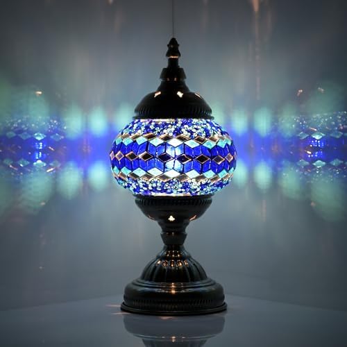 GOGERS Turkish Moroccan Table Lamp Lantern with Handmade Mosaic Glass Lampshade Tiffany Style Bohemian Stained Glass Decorative Desk Lamps Bedside Night Lights for Bedroom (Multiple Blues)
