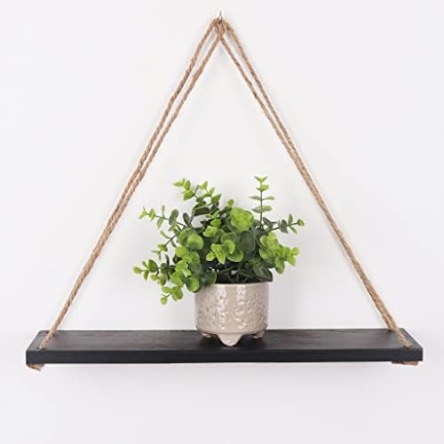 Rutledge & King Hanging Wall Shelves - Distressed Wooden Hanging Storage Shelves - Rustic Swing Rope (1, Black)