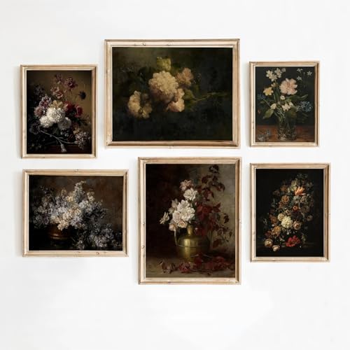 Joocrise Moody Floral Wall Art Painting Set of 6 Dark Academia Wall Decor Vintage Botanical Canvas Wall Art Victorian Flower Art Pictures Vintage Floral Prints for Room Bedroom 12x16 Inch Unframed