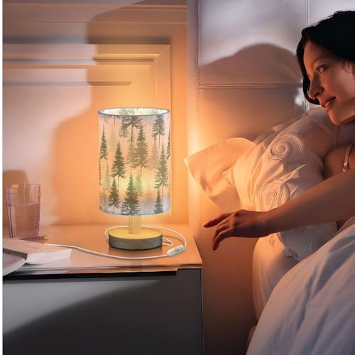 Green Pine Forest Pine Trees Table Lamp for Bedroom USB Port Lamps Small Accent Table Lamp Nightstand Lamp Study Linen Shade with Wooden Base, Decorative Lamps for Bedside Reading|Kids|Dorm|Home