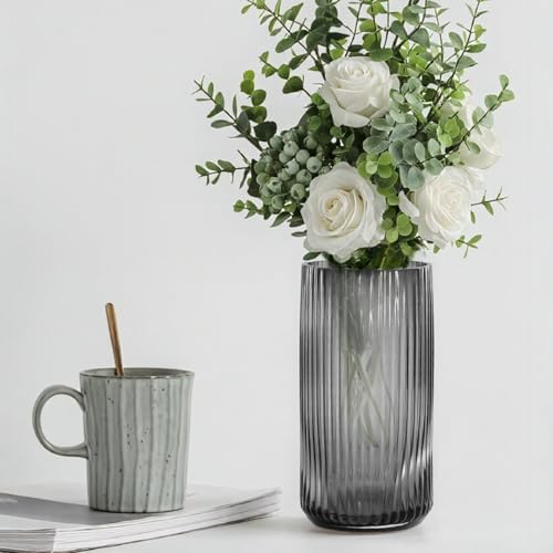 Modern Grey Glass Vase-11 Inch Tall Ribbed Glass Cylinder Vases for Flowers, Bouquet, Desk, Dining Table, Shelf, Decorative Flower Vase for Centerpieces, Home Decor, Living Room, Wedding