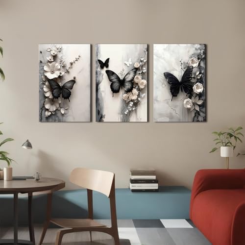 Butterfly Pictures Wall Decor Abstract Flowers and Butterflies Canvas Painting Prints for Bedroom Natural Insect Pictures Posters Contemporary Minimalist Artwork for Living Room Office Home 16x24"