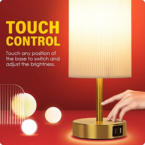 Bedside Lamp with USB port - Touch Control Table Lamp for Bedroom Wood 3 Way Dimmable Nightstand Lamp with Round Pleated Shade for Living Room, Dorm, Home Office (LED Bulb Included) (Pleated)