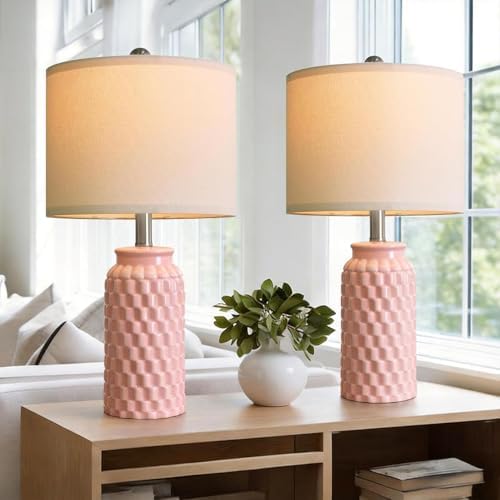 USumkky 20.5" Pink Table Lamps Set of 2,Modern Farmhouse Bedside Lamps - Ceramic Nightstand Lamps for Bedroom,Boho Living Room End Tables,Small Office Desk Lamp