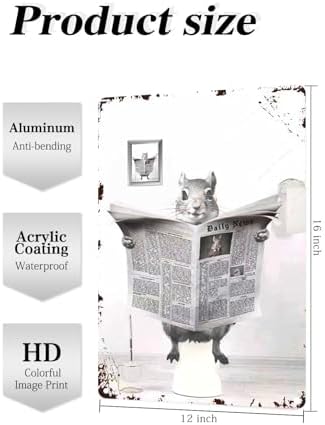 Metal Tin Sign Vintage Squirrel Toilet Reading Newspaper Humour Funny Animal Whimsy Animal for Home, Bathroom and Toilet Wall Decor 12x16 Inch(813B)