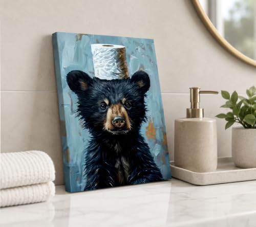 Funny Bathroom Bear Canvas Wall Art, Black Bear with Paper Poster Print Artwork, Humor Animal Painting Picture Wall Decor, for Kids Restroom, Cabin, Bathroom, Home Decoration, 16x24in