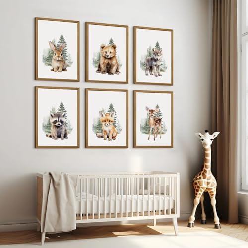 Woodland Animal Nursery Wall Art Decor Set of 6 Baby Boys Room Wall Art Forest Animal Canvas Wall Decor Kids Art Prints Watercolor Bear Deer Fox Pictures Artwork for Bedroom 12x16 Inch Wood Framed