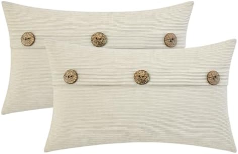 HWY 50 Cream White Chenille Throw Pillow Covers 12x20 Inch Buttons