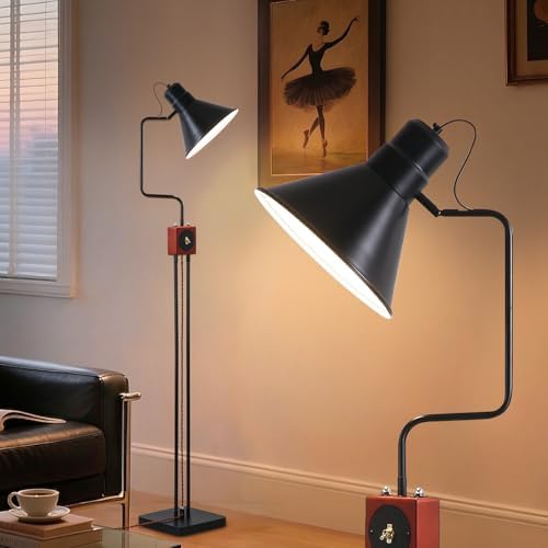 Industrial Adjustable Floor Lamp, 50"-66" Tall Vintage Reading Standing Lamp with Retro Wooden Toggle & Foot Switch, 180°/270° Swivel Metal Task Lamp for Living Room, Bedroom & Office, Black