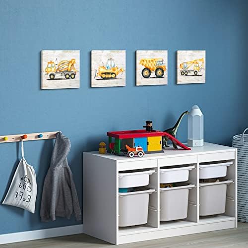 Construction Decor for Boys Room Construction Truck Pictures for Kids Room | Dump Truck Excavator Canvas Prints Vintage Car Posters Toddler Boy Room Decor Nursery Wall Art Playroom Decor 12x12" 4Pcs