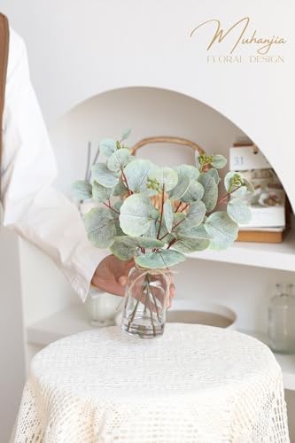 Muhanjia Artificial Eucalyptus Stems in Glass Vase with Faux Water,5Pcs Fake Plant with Double-Sided Leaves and Green Seeds for Centerpiece (Double-Sided Green Eucalyptus with Seed)