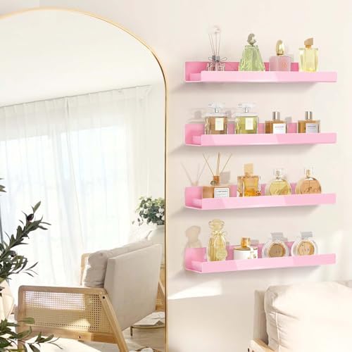4 Pack 15 Inch Pink Acrylic Floating Wall Shelves, Kids Bookshelf