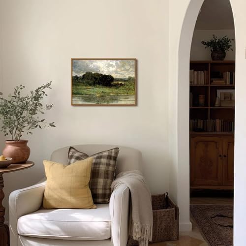 OIQArtOIQ Framed Vintage Landscape Wall Art Lake Natural Scenery Oil Painting Canvas Prints Country Farmhouse Decor Aesthetic Pictures for Kitchen Bedroom Living Room Bathroom