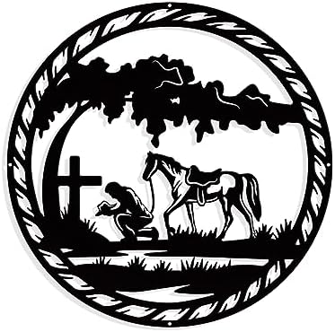 NBEADS Praying Cowboy Metal Wall Art Decor, Round Matte Black Wall Hanging Decor Silhouette Wall Art for Home Bedroom Living Room Bathroom Kitchen Office Hotel Wall Decoration, 11.5"(29.2cm)