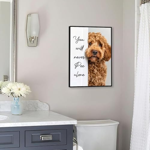 FGQ Framed Funny Dog Bathroom Canvas Wall Art Cute Animal Humorous Goldendoodle Painting Pictures Restroom Wall Decor You Will Never Pee Alone Poster Print Artwork for Toilet Nursery Decor 12x16in