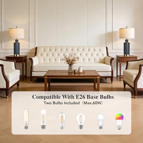 26" Navy Blue Ceramic Table Lamp Set of 2, Modern Desk Lamp, Metal Base