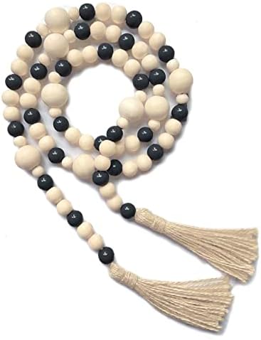 OMISHE Wood Bead Garland with Tassels 61 Inches, Boho Farmhouse Wooden Decorative Beads for Home Tiered Tray Decor, Beige Black