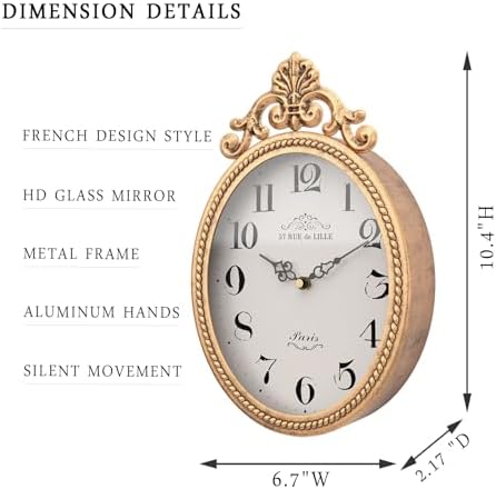 Abdurey Small French Retro Decor Wall Clock,Antique Gold Vintage Oval Style