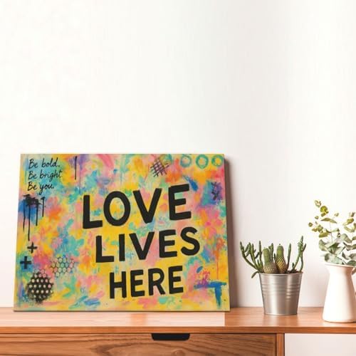 Crekviy Banksy Wall Art Street Graffti Wall Decor Romantic Love Canvas Prints Painting Love Lives Here Artwork Decorations for Bathroom Bedroom Living Room Framed Gifts 12"x16"