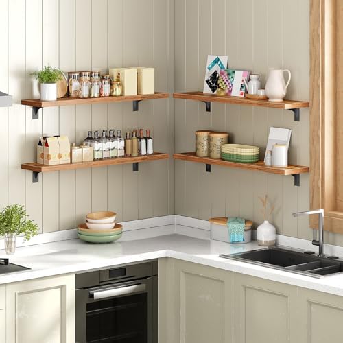 HOOBRO Floating Shelves for Wall, 31.5" Wall Mounted Shelves Set of 2, Hanging Storage Shelf with Metal Brackets, Wooden Shelf for Living Room, Bedroom, Bathroom, Rustic Brown and Black BF82BJP201G1