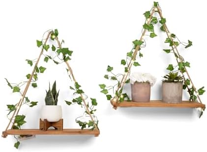 Hanging Shelves Set of 2- Macrame Shelf with Artificial Ivy Vines LED Light Warm White - Boho Shelves for Bedroom Bathroom Living Room - Rope Hanging Plant Shelf Wall Decor