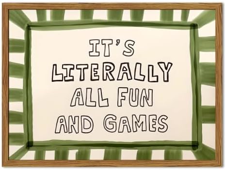 Framed It's Literally All Fun And Games Wall Art, Funny Quote Wall Decor Paintings, Sage Green Minimalist Striped Pictures Canvas Prints Preppy Home Decor for Living Room Bedroom Playroom 12x16 inch