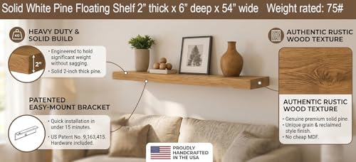 joelsantiques 54 inch Wooden Floating Shelves for Wall - 54x6x2 in, High End Solid Natural Wood, Heavy Duty Bracket, Wall Mounted for Bathroom, Living Room, Bedroom, Office Floating Storage - Beige